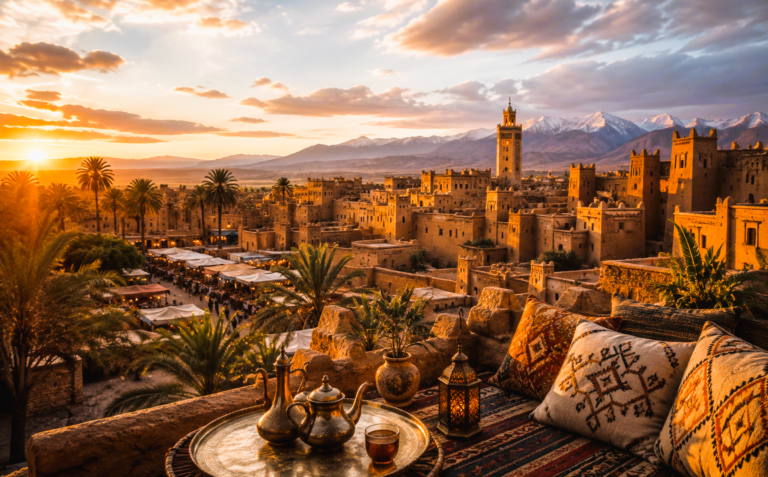 Moroccan city at sunset with palm trees, traditional architecture, Atlas Mountains, and a rooftop tea setting.