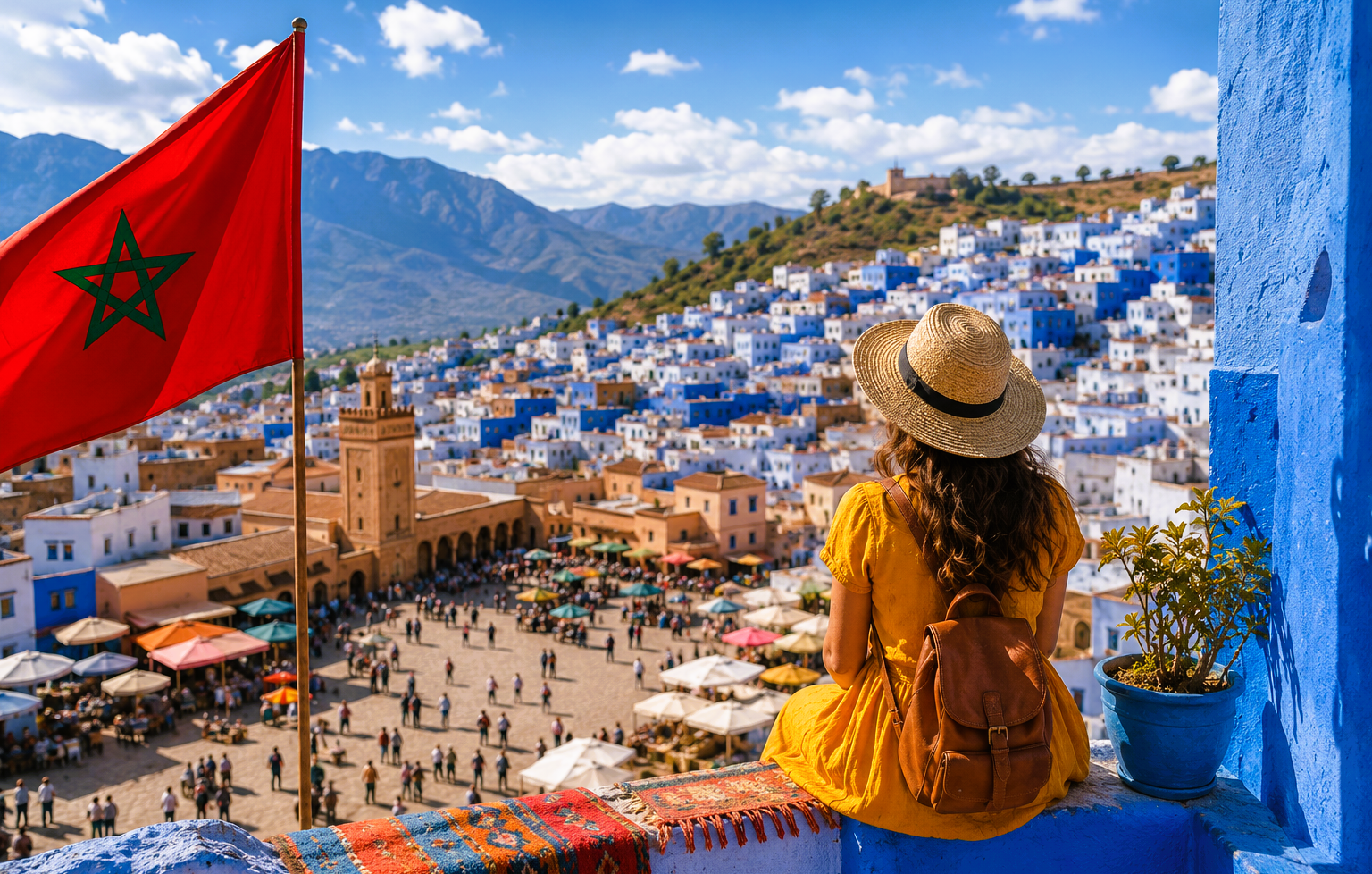 Traveler overlooking a beautiful Moroccan city with the Atlas Mountains and Moroccan flag